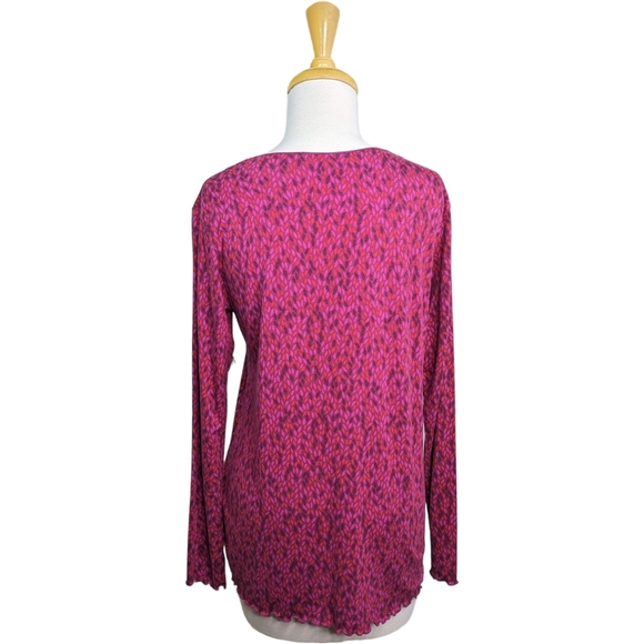 Gudrun Sjoden Pullover Top Medium Purple Pink Leaves Print Lettuce Hem Long Slee - Picture 7 of 14